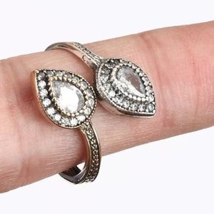 Lightening quartz & topaz double teardrop ring